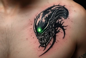 A detailed Xenomorph head with sleek black exoskeleton, glowing green eyes that radiate eerie light, set against a dark, misty background. tattoo idea