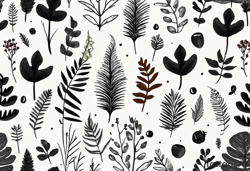 forest floor inspired minimalist tattoo, which includes grass, curly ferns, moss and dead leaves as the bulk of the tattoo. details to include: forest berries, a tiny bumblebee flying nearby, three small brown mushrooms
Generate a vertically long one tattoo idea