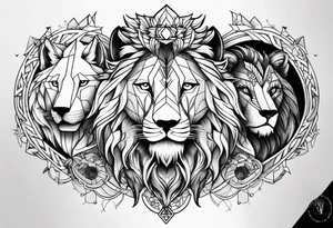 Lion,  wolf, lady and phoenix tattoo idea