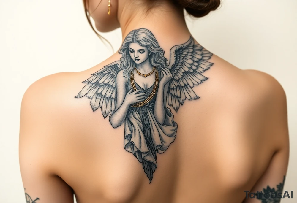 Create a statue of some angel, ruined with a corrupt criminal/thug style, tattoos, jewelry, gold necklaces. I would like this to be placed on the left arm. tattoo idea