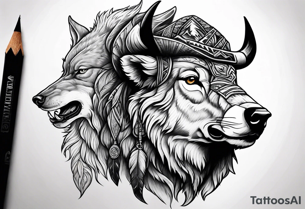 Mountains cowboy bison wolf tattoo idea