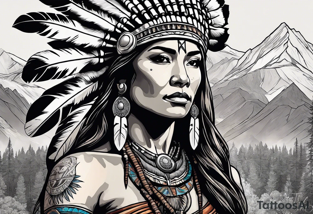Sleeve with a female Indian chief, Atlas the titan, mountains, and Texas tattoo idea