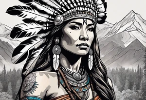 Sleeve with a female Indian chief, Atlas the titan, mountains, and Texas tattoo idea