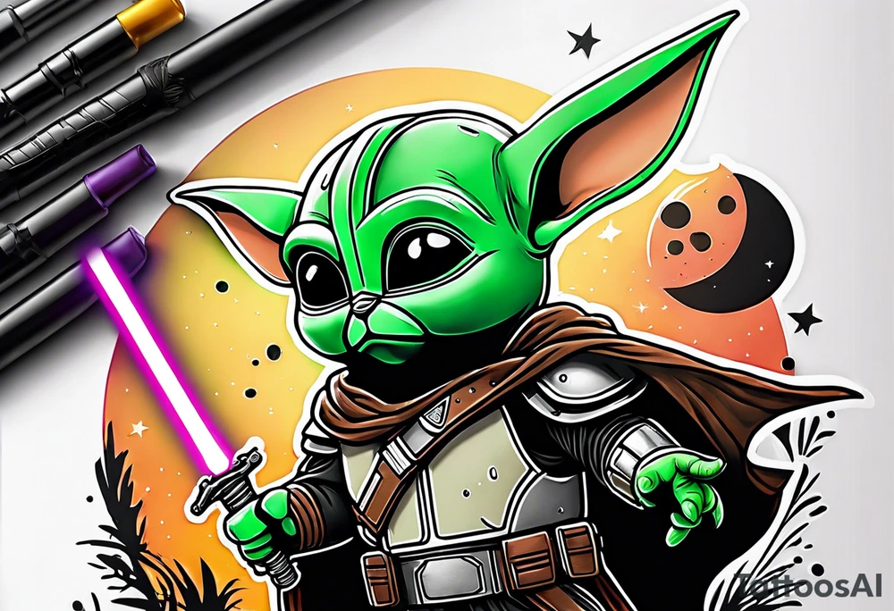 Baby grogu wearing mandalorian armor fighting Darth vader while wielding a green lightsaber tattoo idea