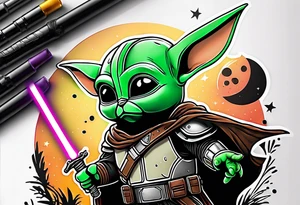 Baby grogu wearing mandalorian armor fighting Darth vader while wielding a green lightsaber tattoo idea