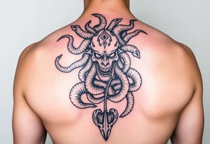 Vertical tattoo with Medusa head and coiled snakes with pirate ship with the kraken wrapped around it and poisiden at the bottom tattoo idea