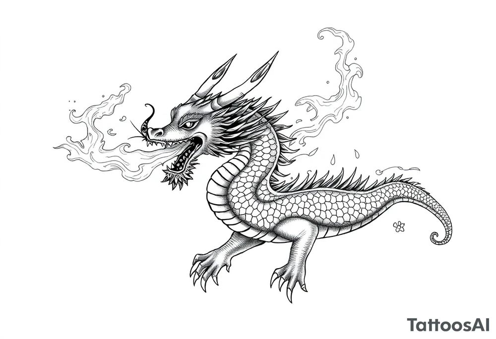 fierce dragon breathing iridescent fire against stormy skies tattoo idea