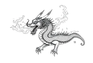 fierce dragon breathing iridescent fire against stormy skies tattoo idea
