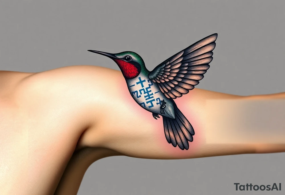 hummingbird with wings made of hieroglyphic symbols(only red , blue and black are possible colors) tattoo idea