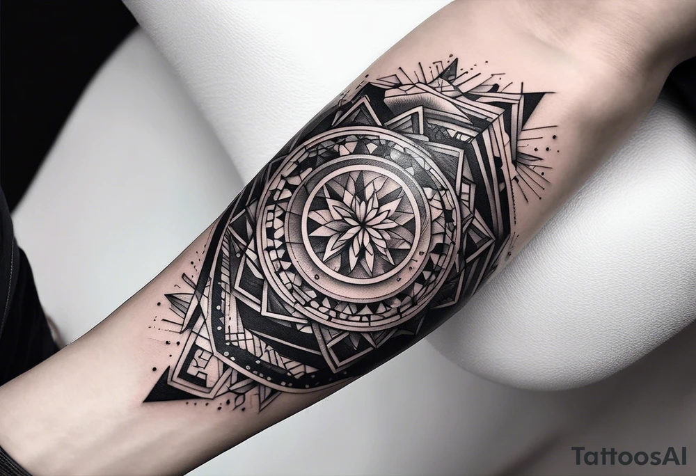 A forearm tattoo about electronic music, focus on geometric patterns, abstract tattoo idea A forearm tattoo about electronic music, focus on geometric patterns, abstract tattoo idea