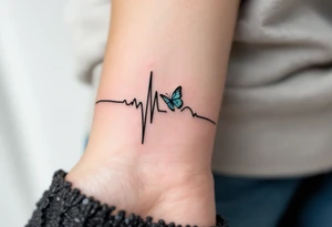 A black EKG waveform tattoo with a small teal butterfly at the end, symbolizing transformation and freedom. tattoo idea