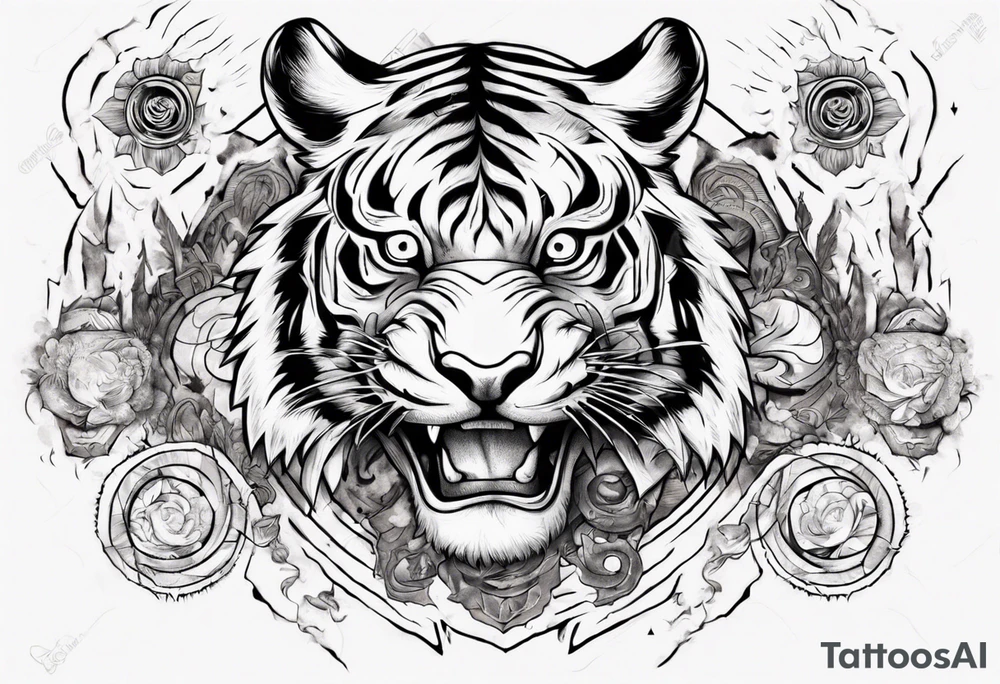 Ancient tiger with lightning and a sun for a forearm sleeve. With patterns surrounding it tattoo idea Ancient tiger with lightning and a sun for a forearm sleeve. With patterns surrounding it tattoo idea