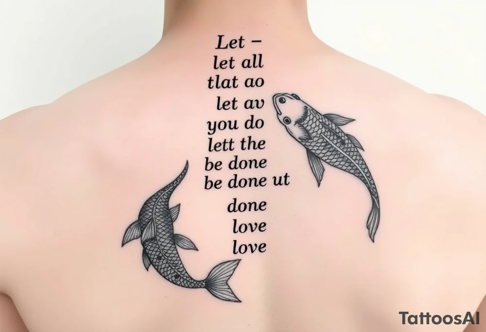 vertical verse going down the spine that says “ Let all that you do be done in love “ with two koi fish One on the Lower left of the verse and the other fish on the upper right of the verse tattoo idea
