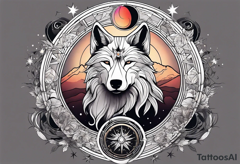 a tattoo sleeve with: A yin yang, A compass, A geometric wolf, A galaxy scene with planets and stars. tattoo idea