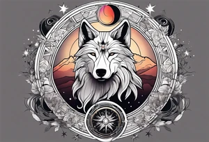 a tattoo sleeve with: A yin yang, A compass, A geometric wolf, A galaxy scene with planets and stars. tattoo idea
