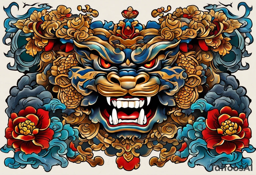 Double sided chest piece, done in Neo Japanese style of Okinawa shisa. On one side is the male with his mouth open to fend off evil, and the other side, the femal with her mouth closed to keep good in. tattoo idea