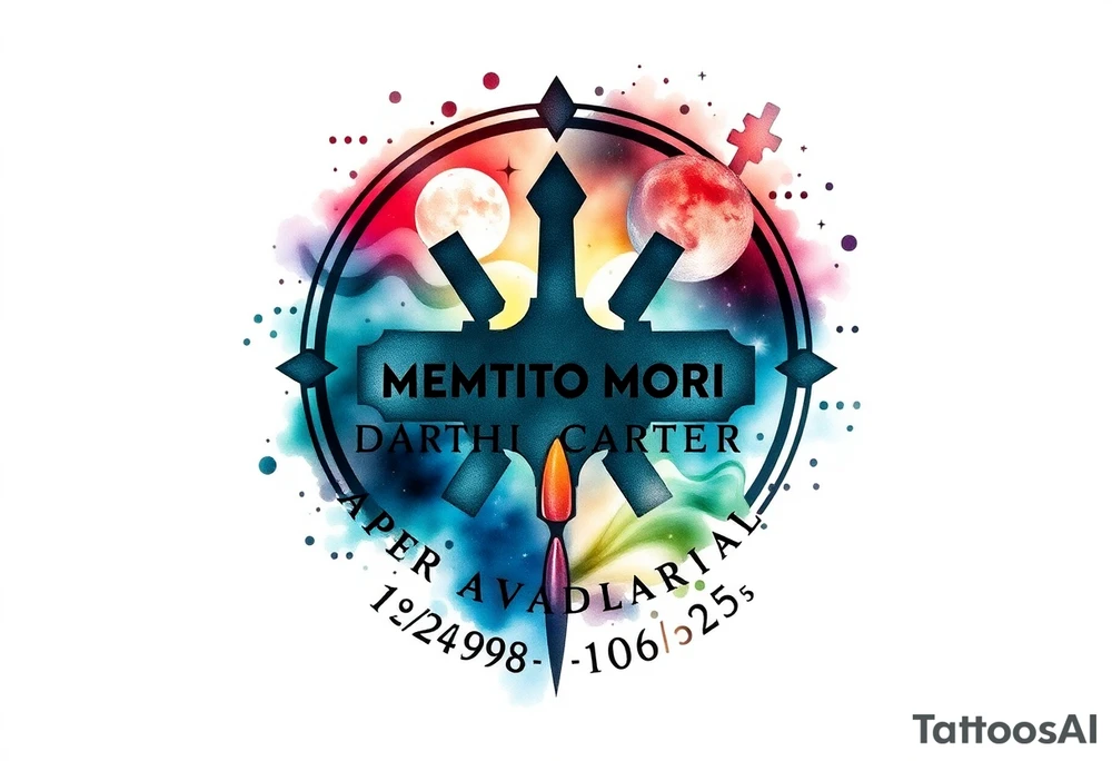 futuristic, spacey, memory tattoo: star wars, space, Harley Davidson, skateboarding, camping, puzzle pieces, video games, heaven, god, outdoors, bullets, words MEMENTO MORI & DARTH CARTER 12/29/88-01/06/2025 tattoo idea