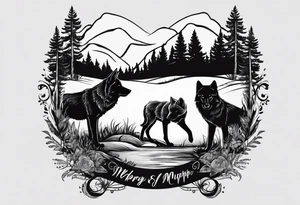 2 baby footprint with the name Murphy above and the date 8/9/23 below the foot prints. Father wolf looking over a baby wolf with nature background tattoo idea
