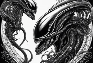 Full body Xenomorph queen guarding ovomorph eggs tattoo idea