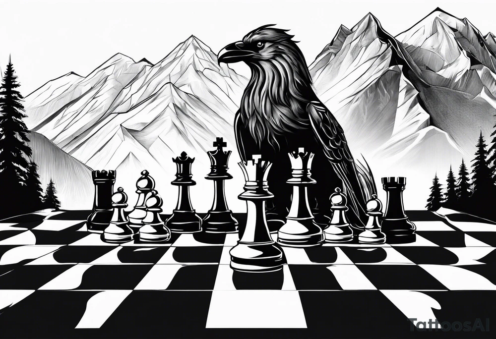 chessboard with king and queen piece, background in a mountain and ravens. tattoo idea