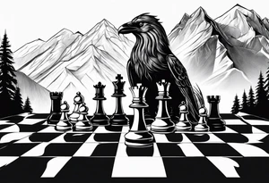 chessboard with king and queen piece, background in a mountain and ravens. tattoo idea