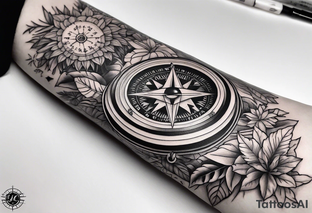 sleeve, jungle plants, compass, all-seeing eye tattoo idea