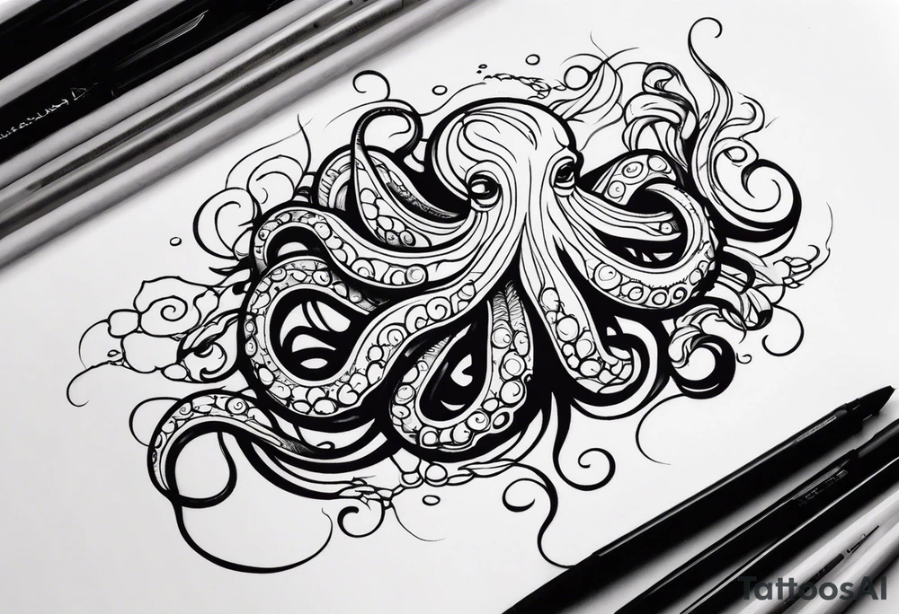 Tribal half sleeve. octopus surrounded by ribbons of water waves filled with fish. the octopus has small eyes. Use thick lines only with less detail. tattoo idea