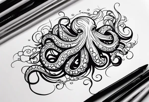 Tribal half sleeve. octopus surrounded by ribbons of water waves filled with fish. the octopus has small eyes. Use thick lines only with less detail. tattoo idea