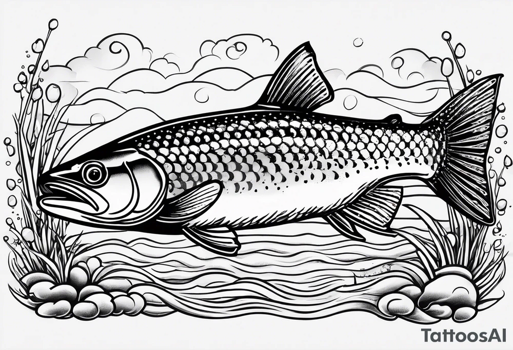 A shaded trout with text that says, 'Like the trout...' tattoo idea