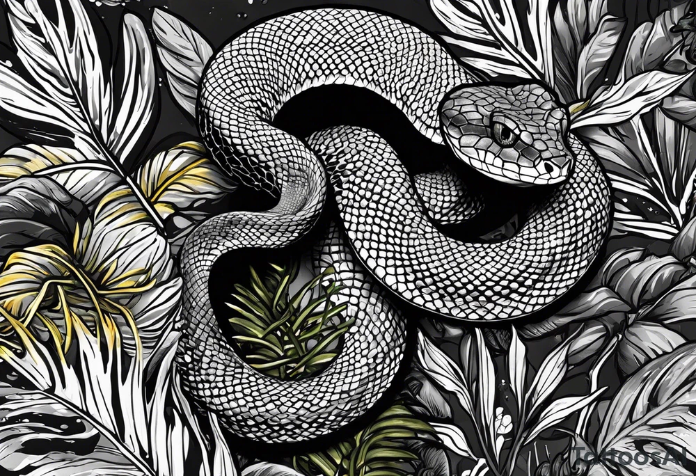 Black and grey realistic yellow blotched pit viper snake with rainforest background on forearm. I want the snake to look aggressive tattoo idea