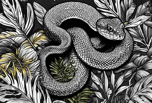 Black and grey realistic yellow blotched pit viper snake with rainforest background on forearm. I want the snake to look aggressive tattoo idea