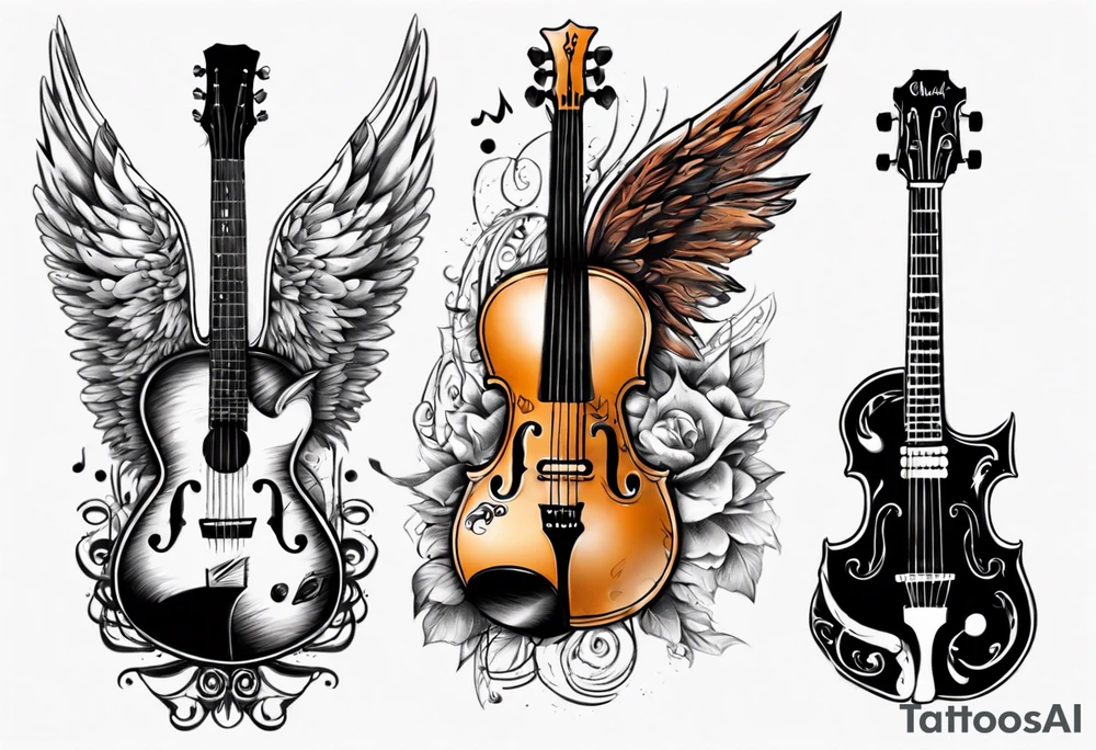 GUITAR LEANING AGAINST A VIOLIN WITH WINGS tattoo idea