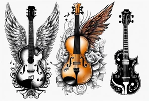 GUITAR LEANING AGAINST A VIOLIN WITH WINGS tattoo idea