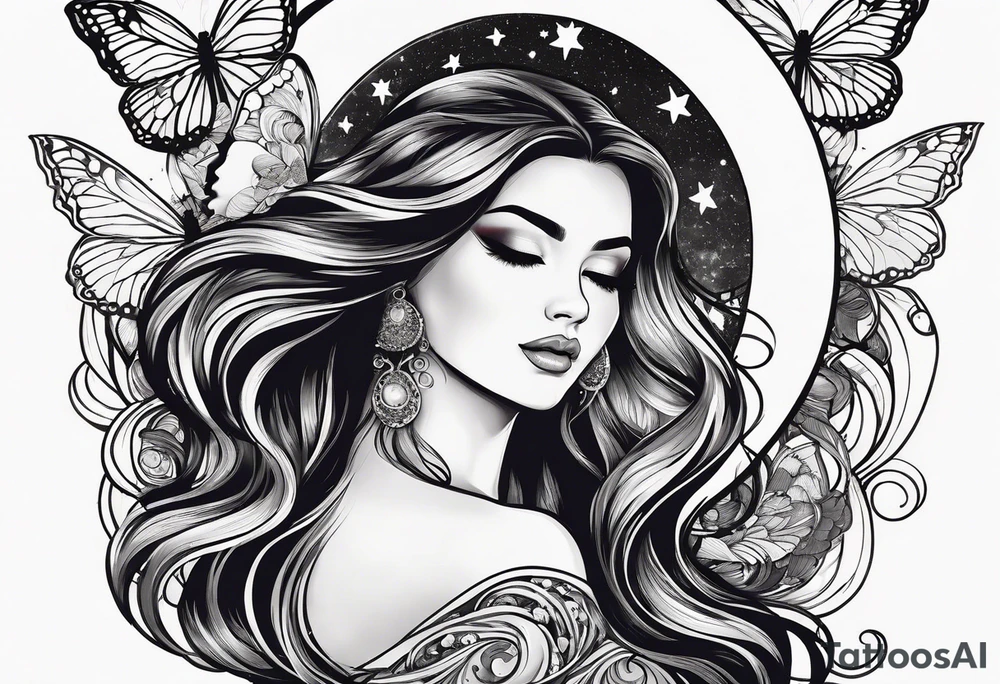 Beautiful woman with butterflies in her long wavy hair sitting on a half moon, with a moon and star background tattoo idea