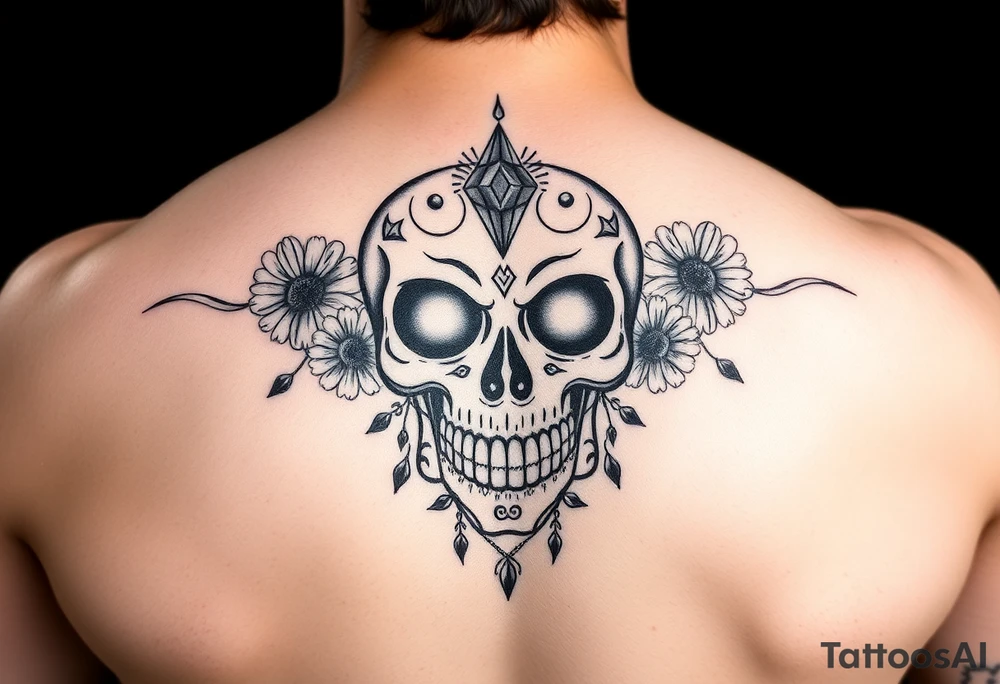 Masculine sugar skull with diamonds and daisies tattoo idea
