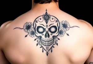 Masculine sugar skull with diamonds and daisies tattoo idea
