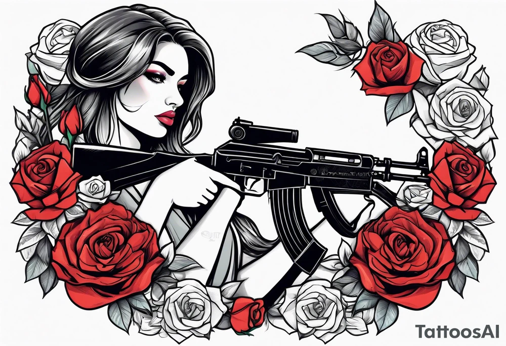 Beautiful woman angle holding a AK 47 surrounded by roses tattoo idea