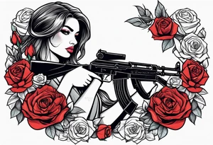Beautiful woman angle holding a AK 47 surrounded by roses tattoo idea