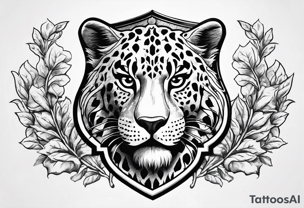 A shield with leopar head as shield's emblem. The shield would be hang on a ivy planted wall tattoo idea