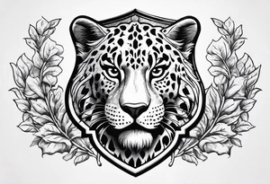 A shield with leopar head as shield's emblem. The shield would be hang on a ivy planted wall tattoo idea