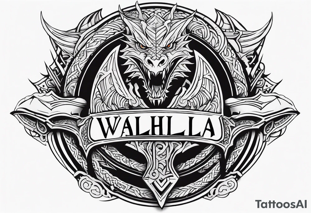 Valhalla sword shield dragon axe valkyrie tattoo idea