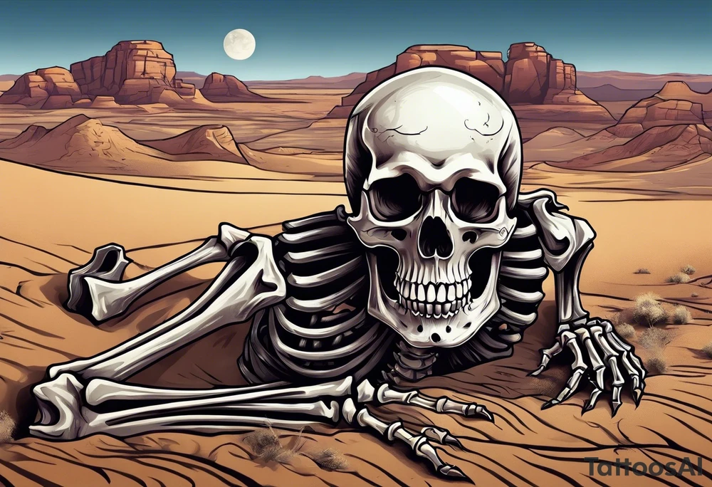 skeleton crawling towards a cross in a desert tattoo idea