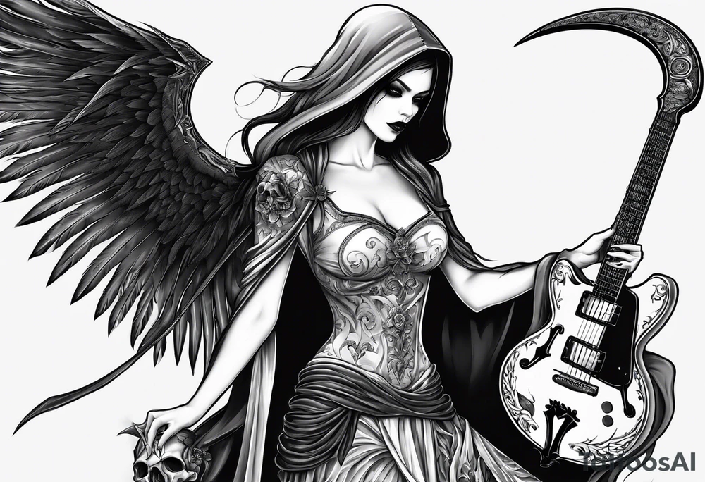 Lady grim reaper with wings, scythe and skulls tattoo idea