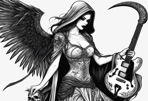 Lady grim reaper with wings, scythe and skulls tattoo idea