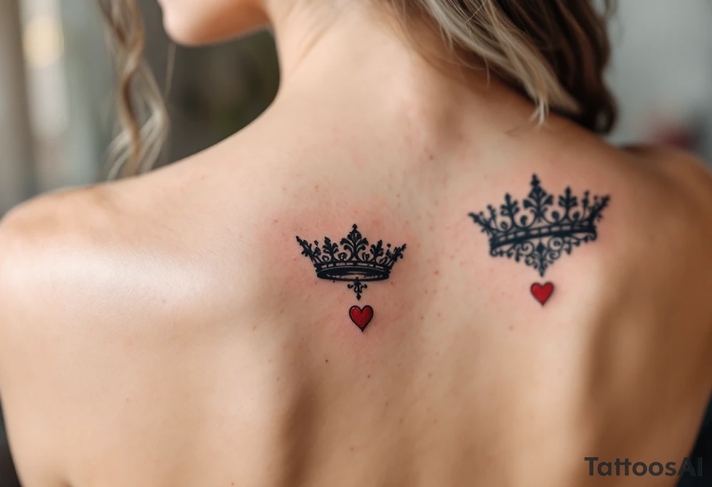 Ornate filigree-style black crowns with small deep red heart designs beneath each. tattoo idea