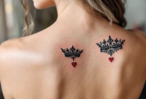 Ornate filigree-style black crowns with small deep red heart designs beneath each. tattoo idea