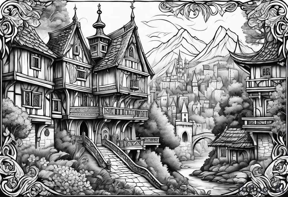 medieval tribal city 
floral  land  vignette tattoo idea