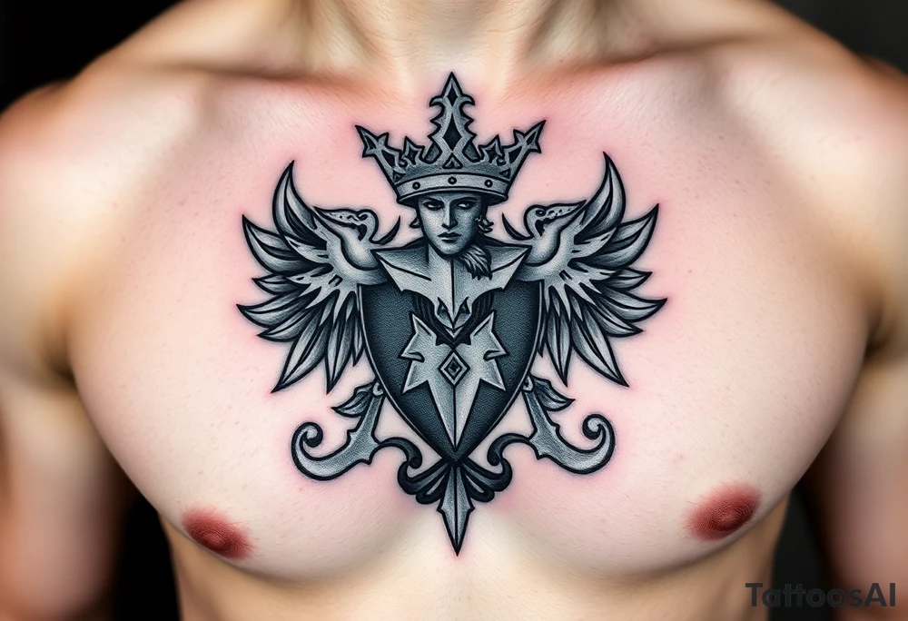 magnificent irish family crest with Demonic And mideval Featurs incorporated tattoo idea