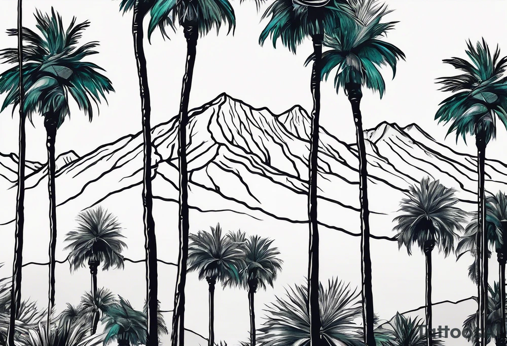 Gradual transition in a line from evergreen trees to Joshua trees to palm trees to a Hawaiian beach tattoo idea