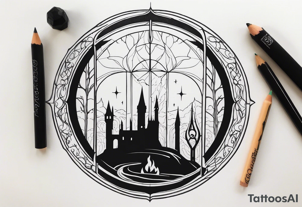 Lord of the rings with subtle Harry Potter. Small and very simple. Include Round hobbit door, gandalfs staff, barad dur silhouette in background, the word always subtly somewhere tattoo idea